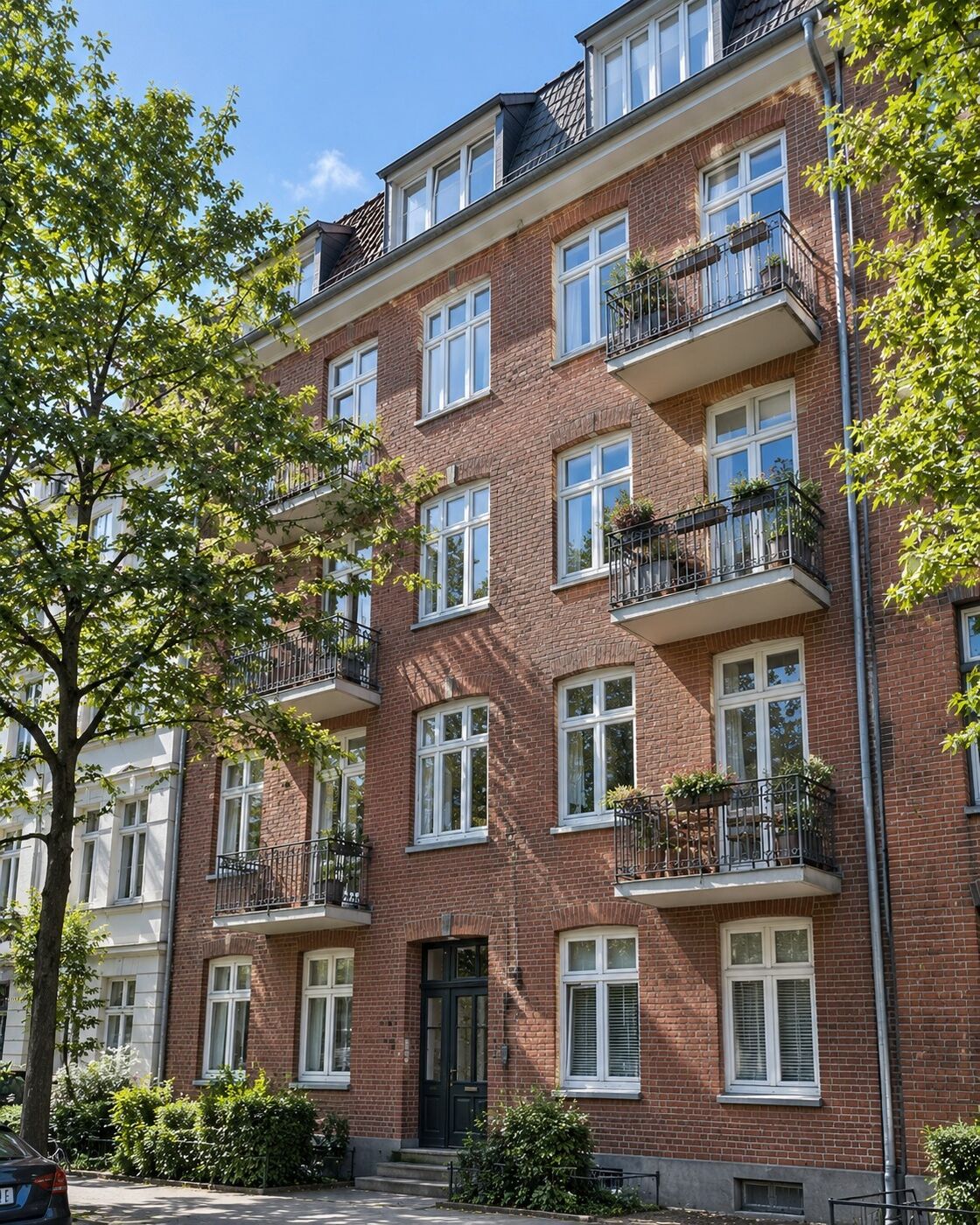 Mehrfamilienhaus aus rotem Backstein mit Balkonen